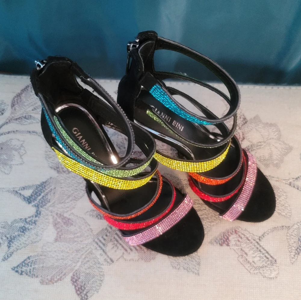 *SOLD* Rainbow Strappy Heels, Gianni Bini, 3.5" heel, heel zip, size 6.5M, NWOT - Picture 5 of 6